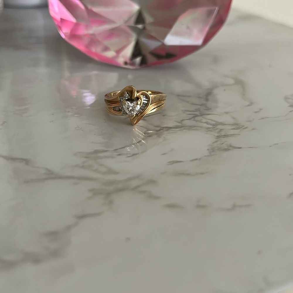 14K Gold Diamond Heart Ring with baguettes